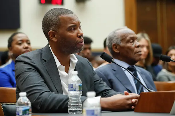 Author Ta-Nehisi Coates, left, and Actor Danny Glover, right, testify about reparation for the descendants of slaves during a hearing before the House Judiciary Subcommittee on the Constitution, Civil Rights and Civil Liberties, at the Capitol in Washington.
